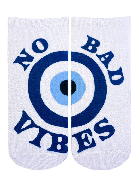 Novelty Graphic Ankle Socks - "No Bad Vibes" - Blue & White